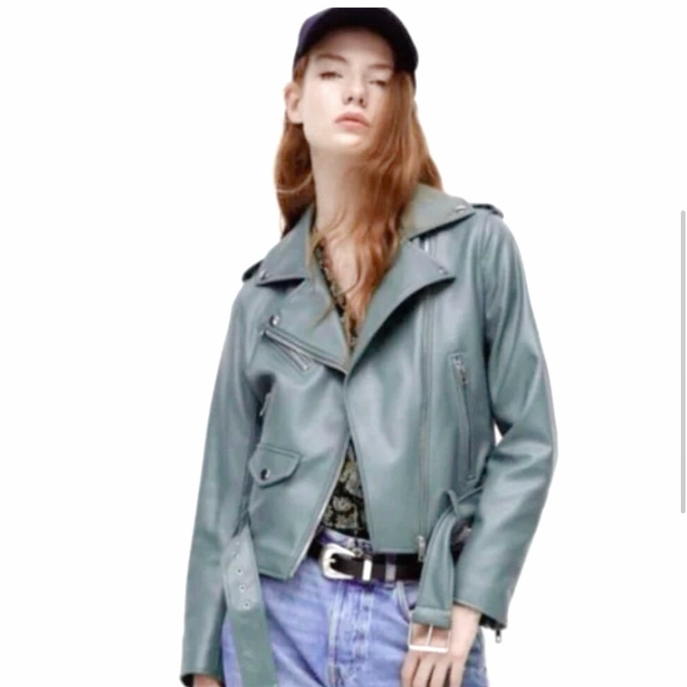 NEW Zara Women's Blue Faux Leather Jacket Belted Biker Zip Oversized